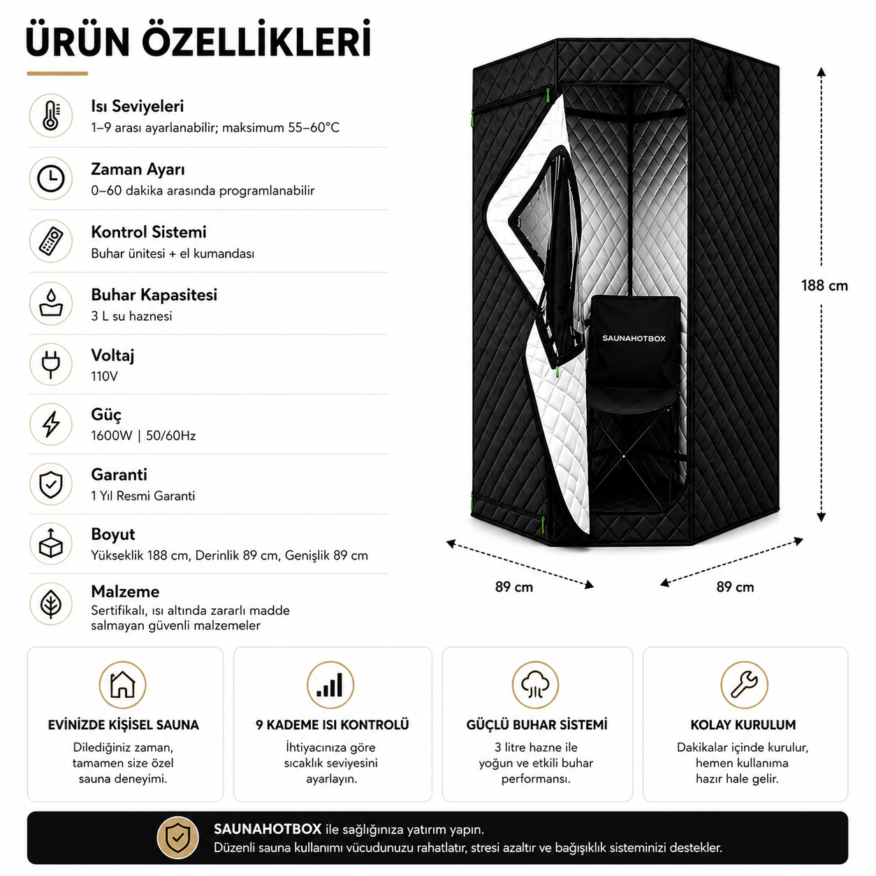 SAUNAHOTBOX Ev Tipi Taşınabilir buhar teknolojili Sauna / Buhar Odası